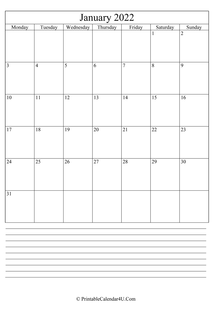 Printable January Calendar 2022 With Notes (Portrait)  December 2022 To January 2022 Calendar