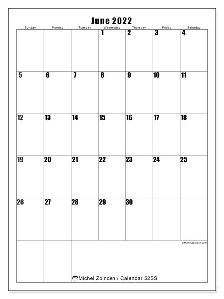 Printable June 2022 &quot;52Ss&quot; Calendar - Michel Zbinden En  Free Calendar Template June 2022