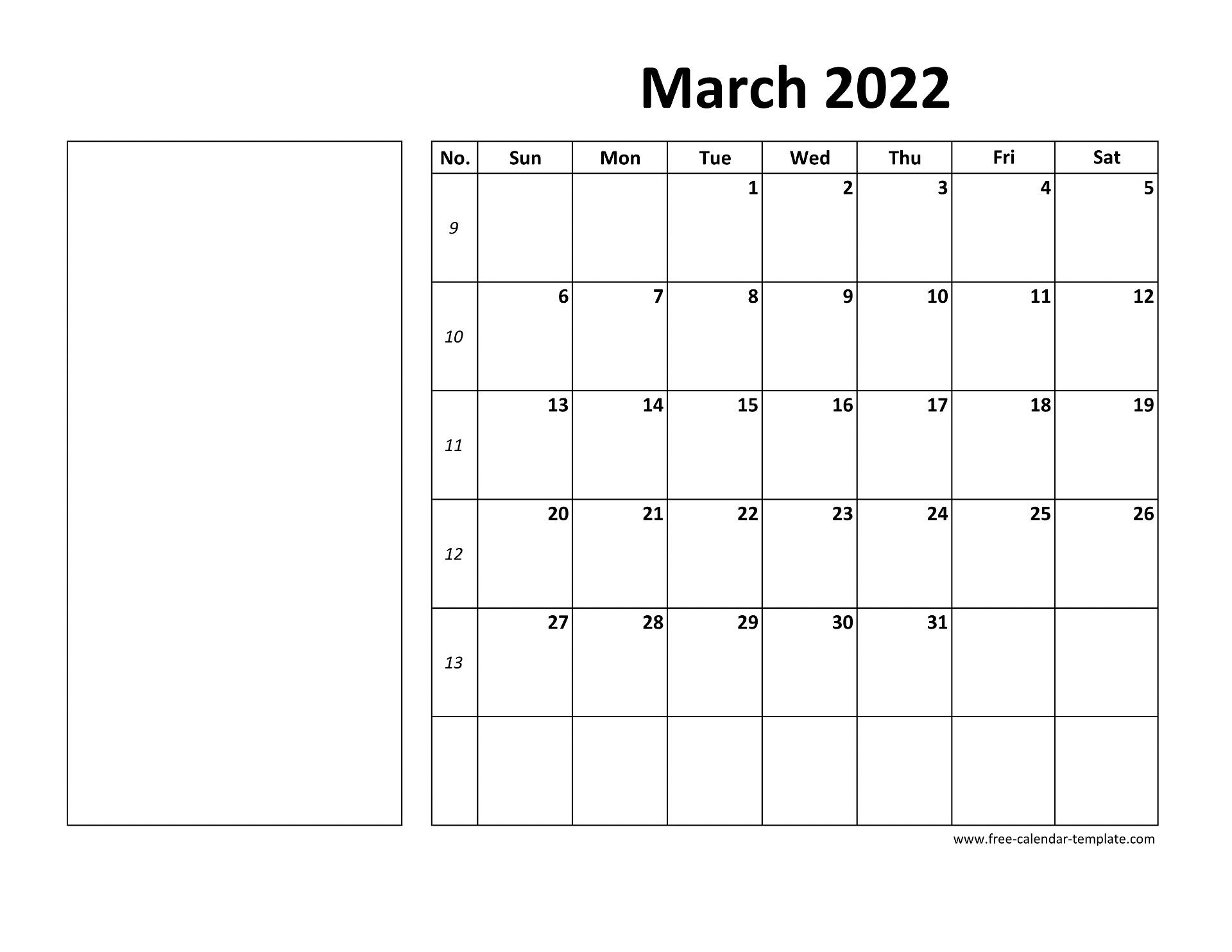 Printable March 2022 Calendar (Box And Lines For Notes  Free Printable Calendar With Grid Lines 2022