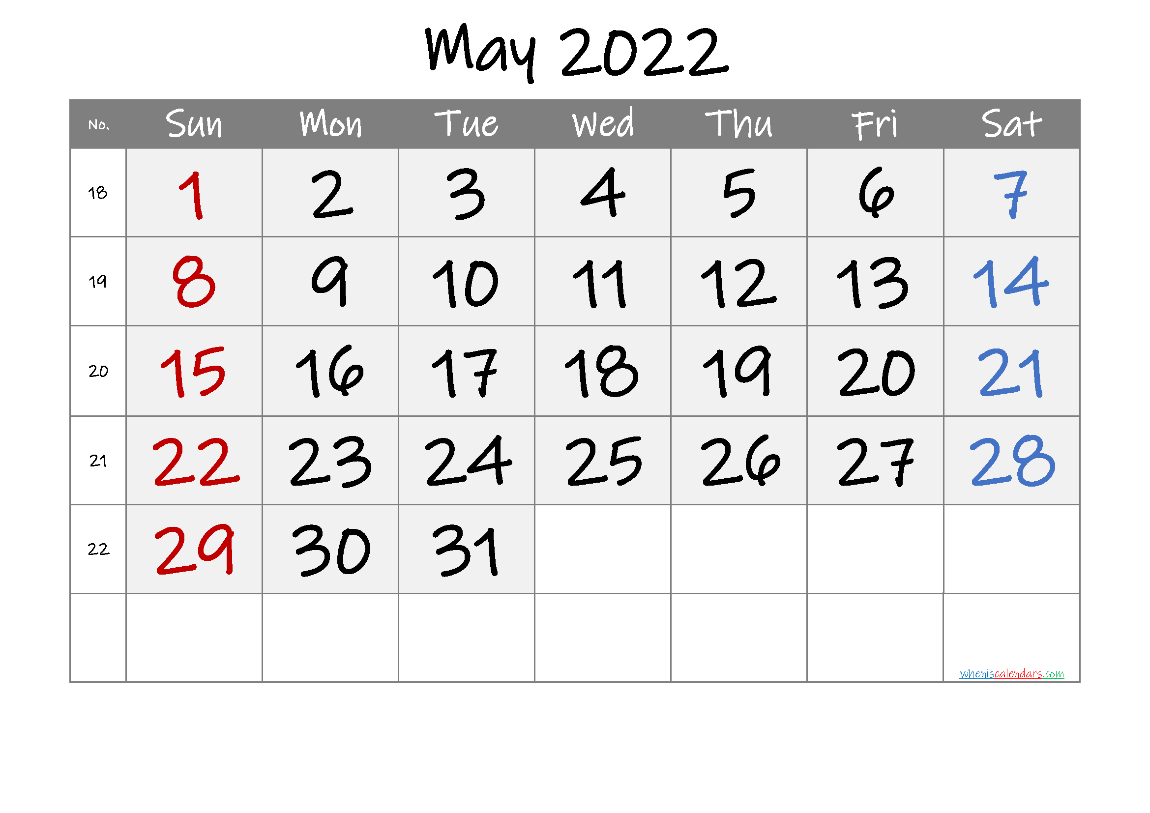 Printable May 2022 Calendar  May Calendar For 2022