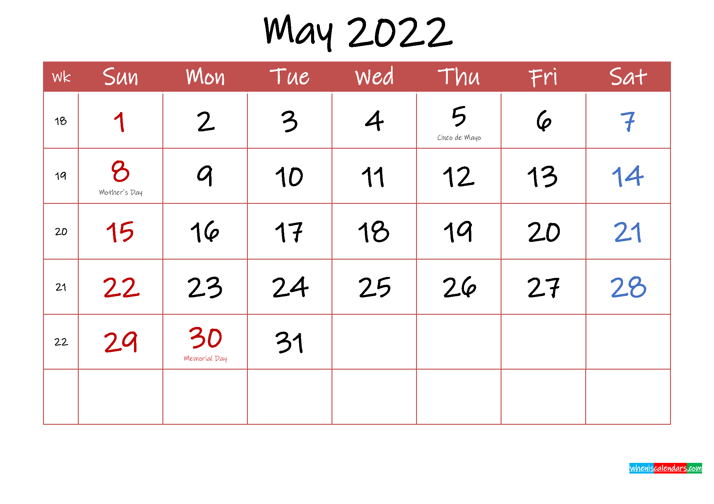 Printable May 2022 Calendar With Holidays - Template Ink22M29  Free Printable Calendar 2022 May