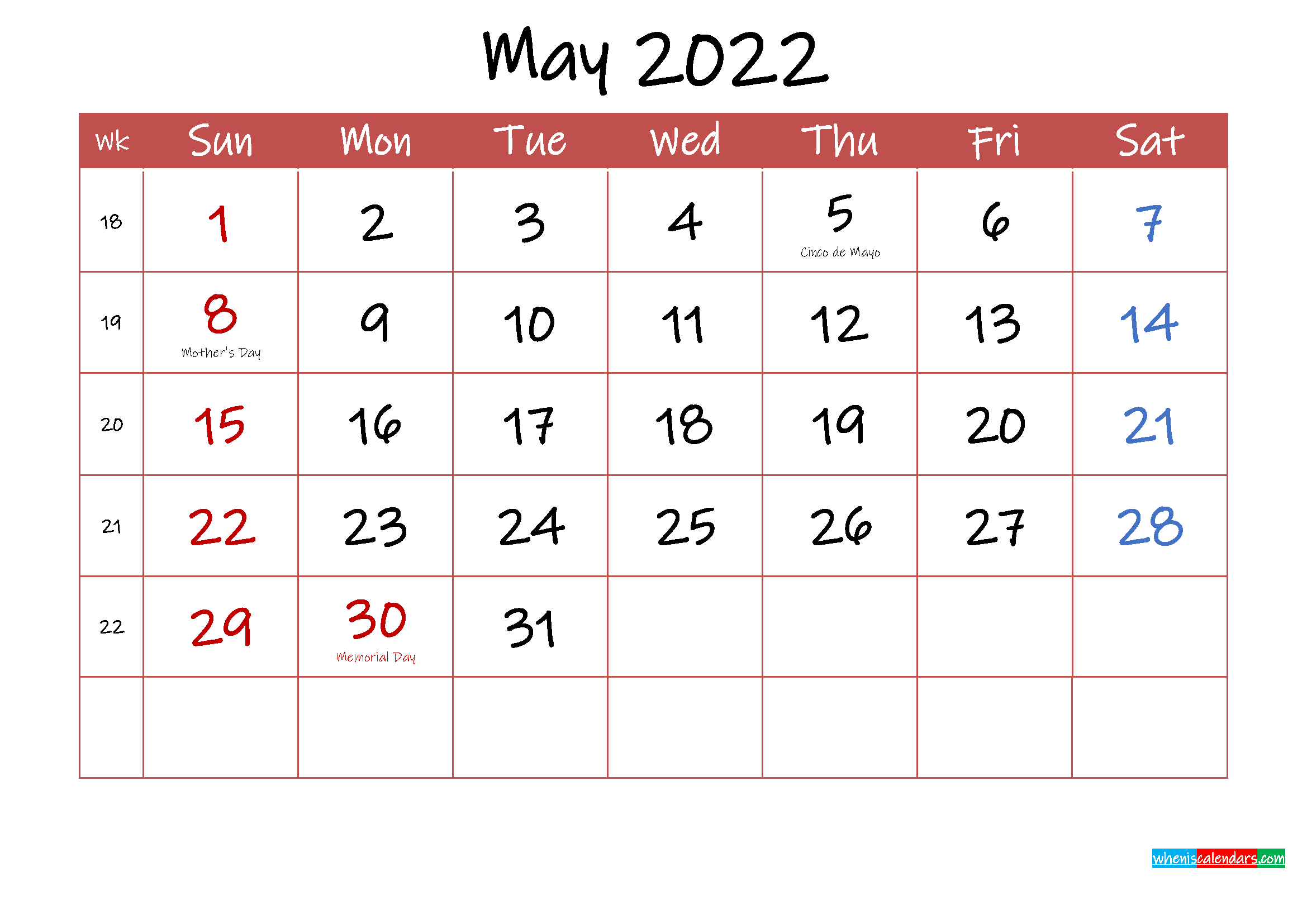 Printable May 2022 Calendar With Holidays - Template Ink22M29  Printable Calendar 2022 May