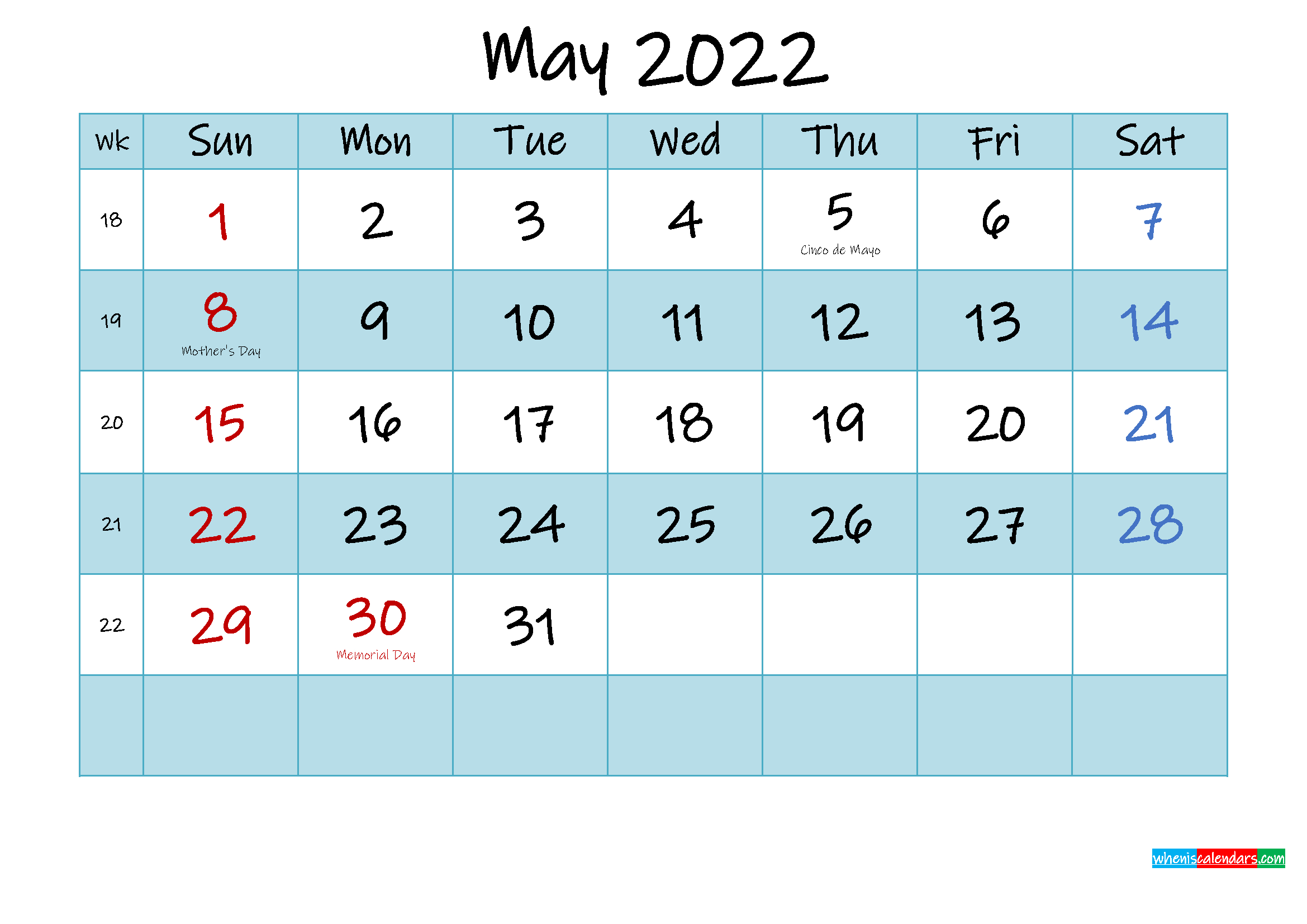 Printable May 2022 Calendar Word - Template No.ink22M473  Free Printable Calendar 2022 In Word