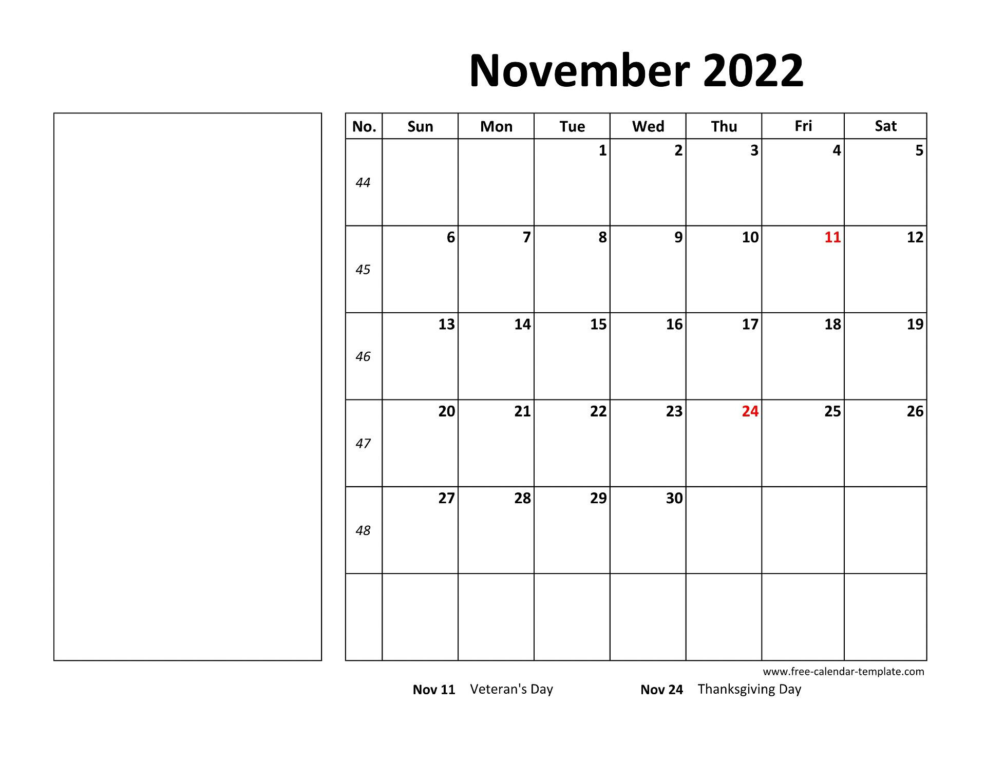 Printable November 2022 Calendar (Box And Lines For Notes  Free Printable Calendar 2022 November