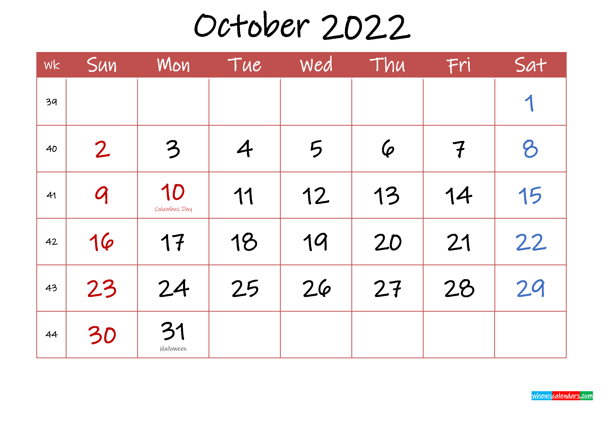 Printable October 2022 Calendar With Holidays - Template  A Calendar For 2022