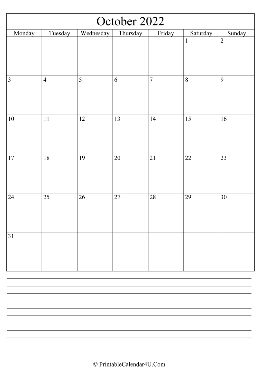 Printable October Calendar 2022 With Notes (Portrait)  Free Printable Calendar 2022 With Notes