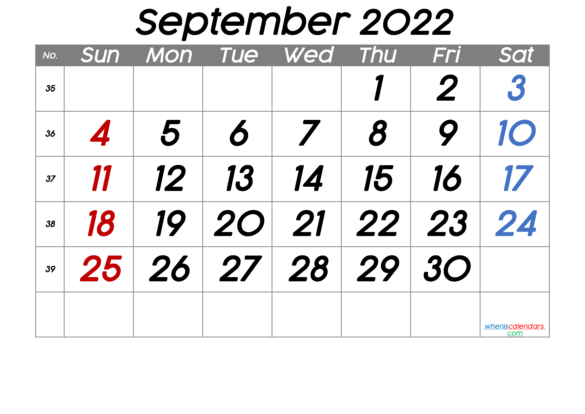 Printable September 2022 Calendar With Week Numbers  September 2022 Printable Calendar