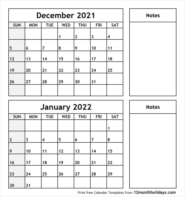 Printable Two Month Calendar December 2021 January 2022  Leave Calendar For 2022