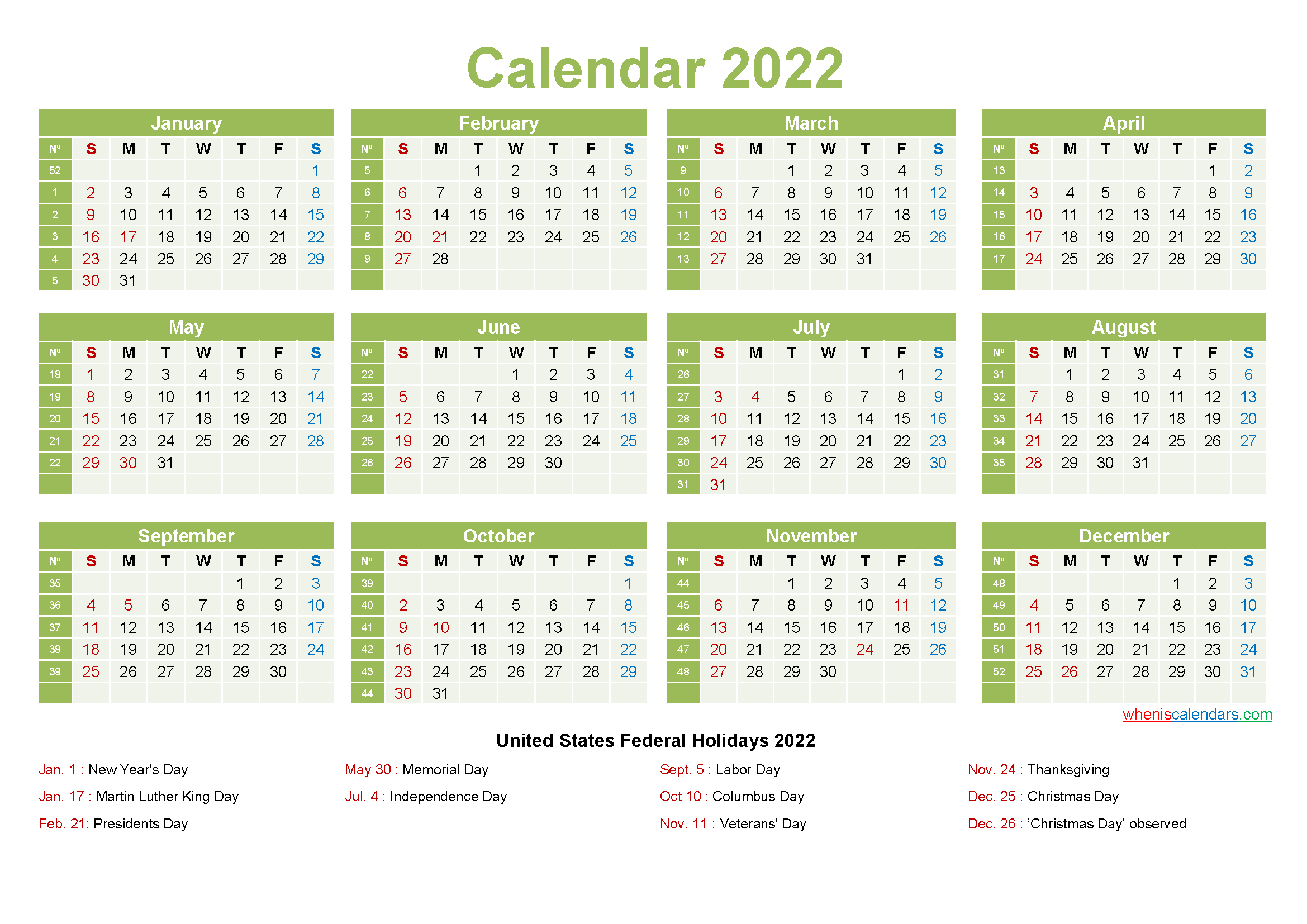 Printable Yearly 2022 Calendar With Holidays Word, Pdf  Free Writable Calendar Template 2022