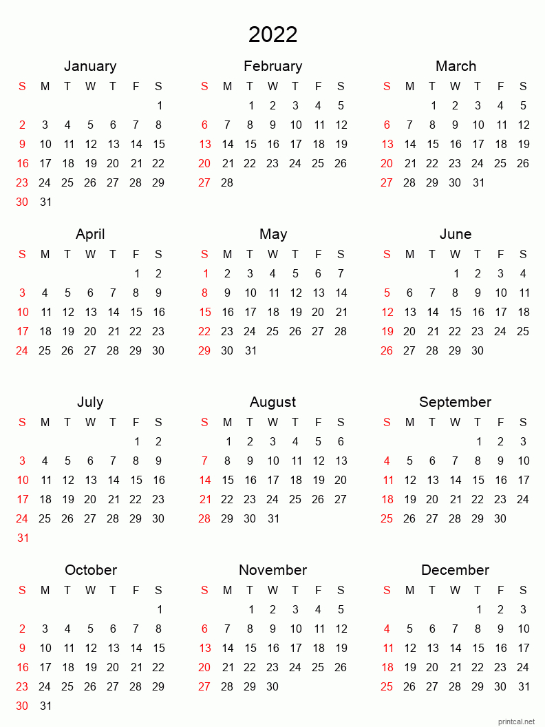 Printable Yearly Calendar 2022, Full-Year | Free Printable  Free Calendar Template 2022 Word