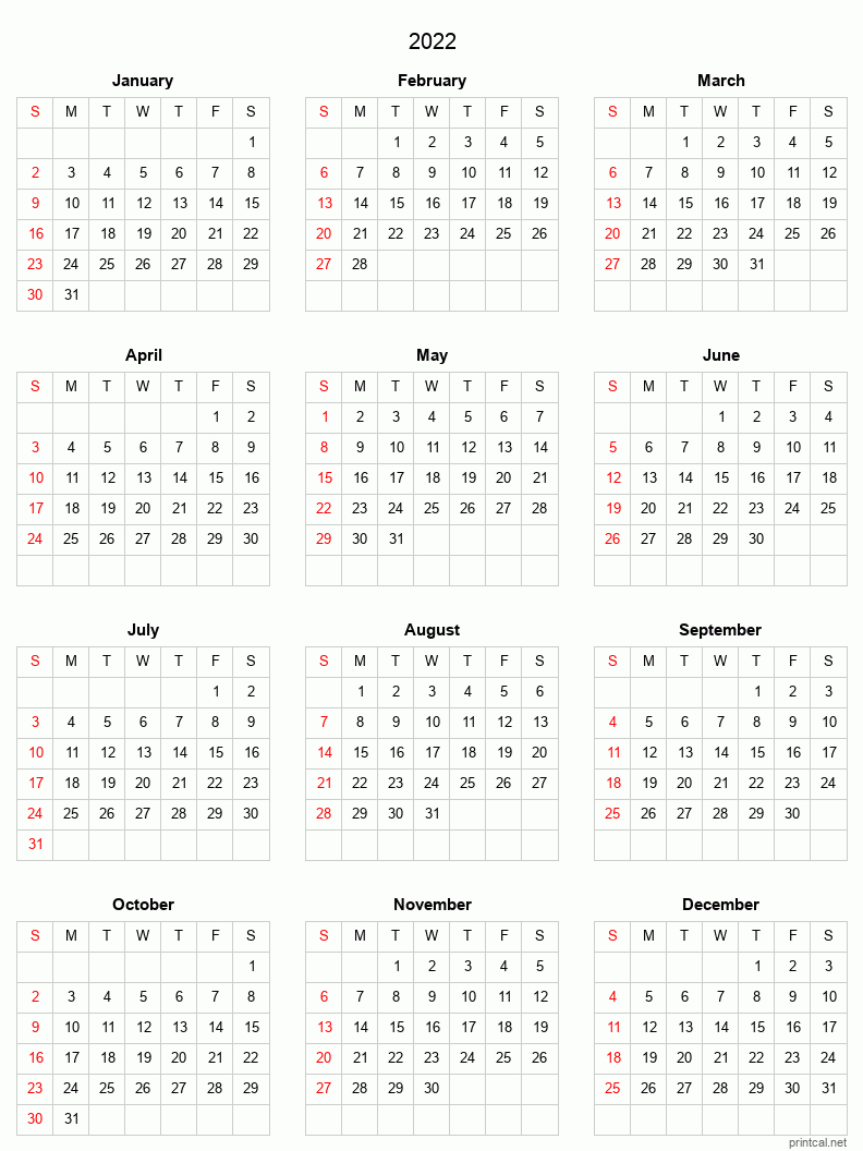 Printable Yearly Calendar 2022, Full-Year | Free Printable  Free Printable Calendar 2022.Com