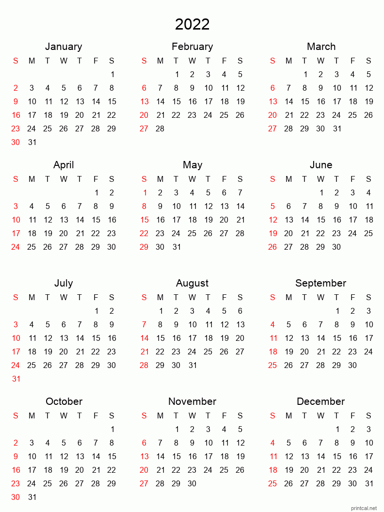 Printable Yearly Calendar 2022, Full-Year | Free Printable  Printable Calendar 2022 Word