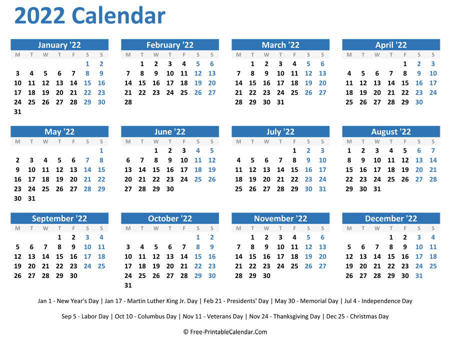 Printable Yearly Calendars 2022 | Free Letter Templates  Printable Calendar 2022 Pdf Free