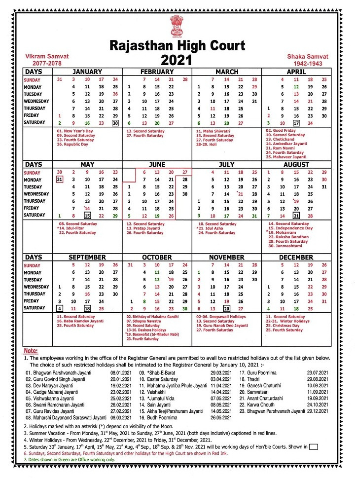 Rajasthan High Court Calendar, 2021  Delhi High Court Calendar For 2022