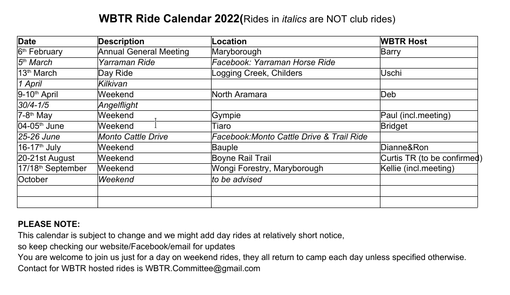 Ride Calendar 2022 | Wide Bay Trail Riders Inc  Printable 2022 Calendar Queensland