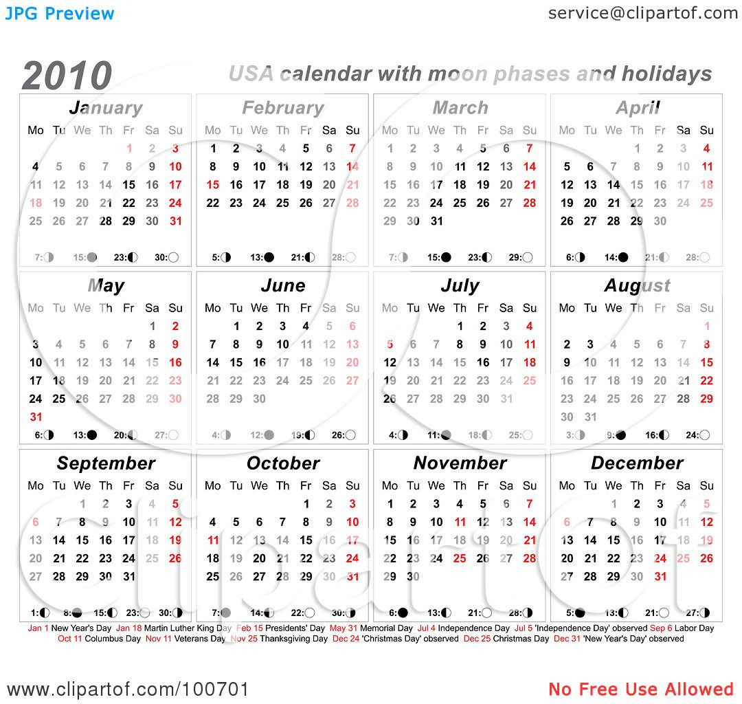 Royalty-Free (Rf) Clipart Illustration Of A 2010 Usa  Astronomy Picture Calendar With Holidays