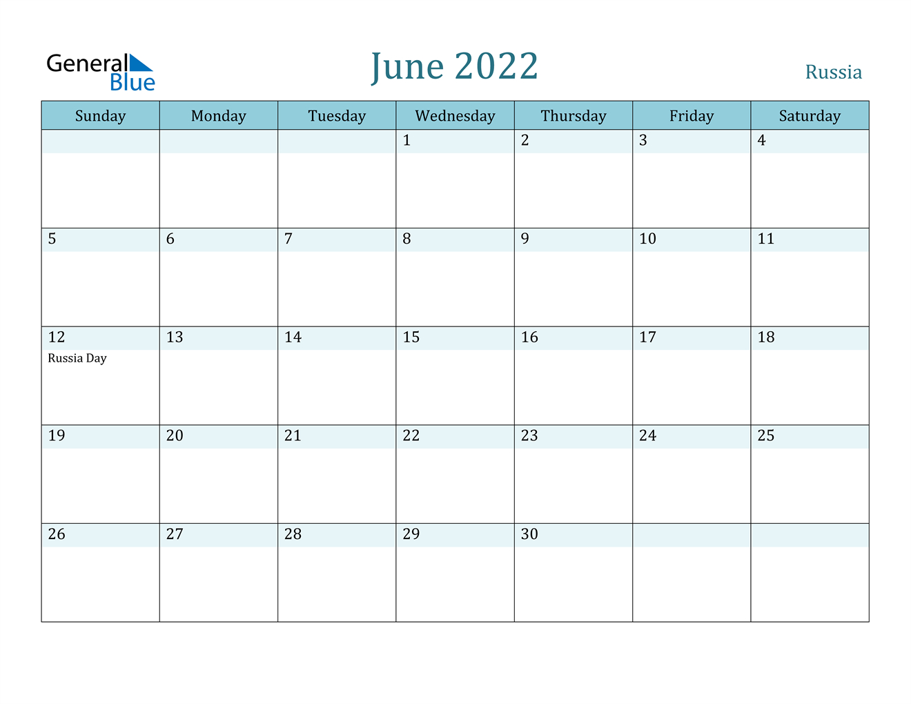 Russia June 2022 Calendar With Holidays  June 2022 Calendar Printable