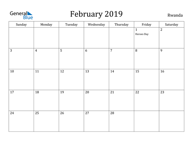 Rwanda February 2019 Calendar With Holidays  Calendar 2022 Rwanda