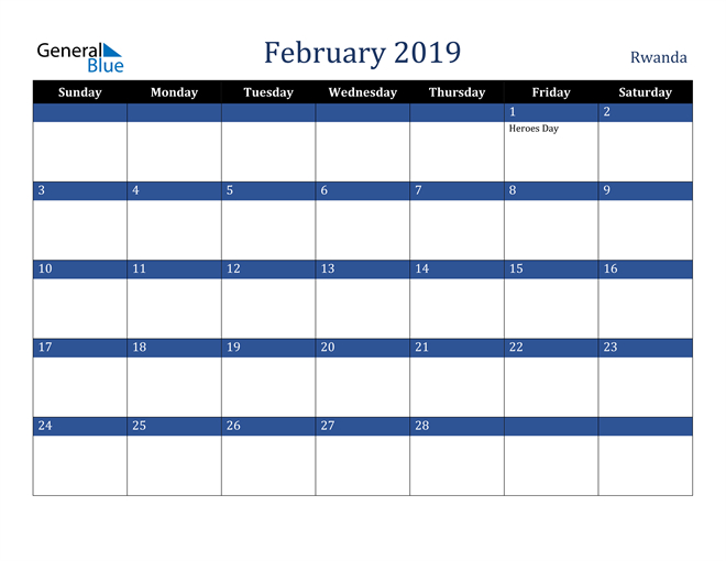 Rwanda February 2019 Calendar With Holidays  Calendar 2022 Rwanda