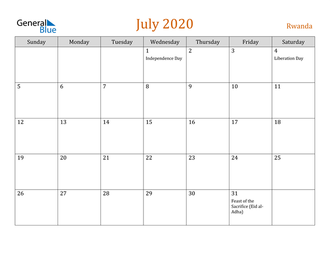 Rwanda July 2020 Calendar With Holidays  Calendar 2022 Rwanda