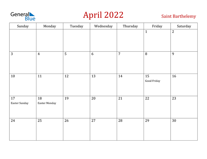 Saint Barthelemy April 2022 Calendar With Holidays  Calendar For April 2022 With Holidays