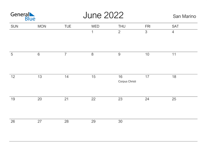 San Marino June 2022 Calendar With Holidays  Calendar For June 2022 With Holidays