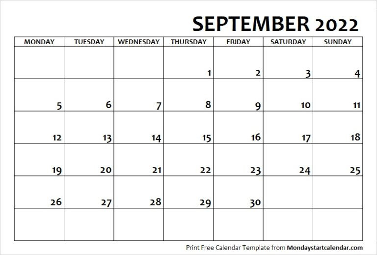 September 2022 Calendar Monday Start | September Month  Blank October 2022 Calendar Printable