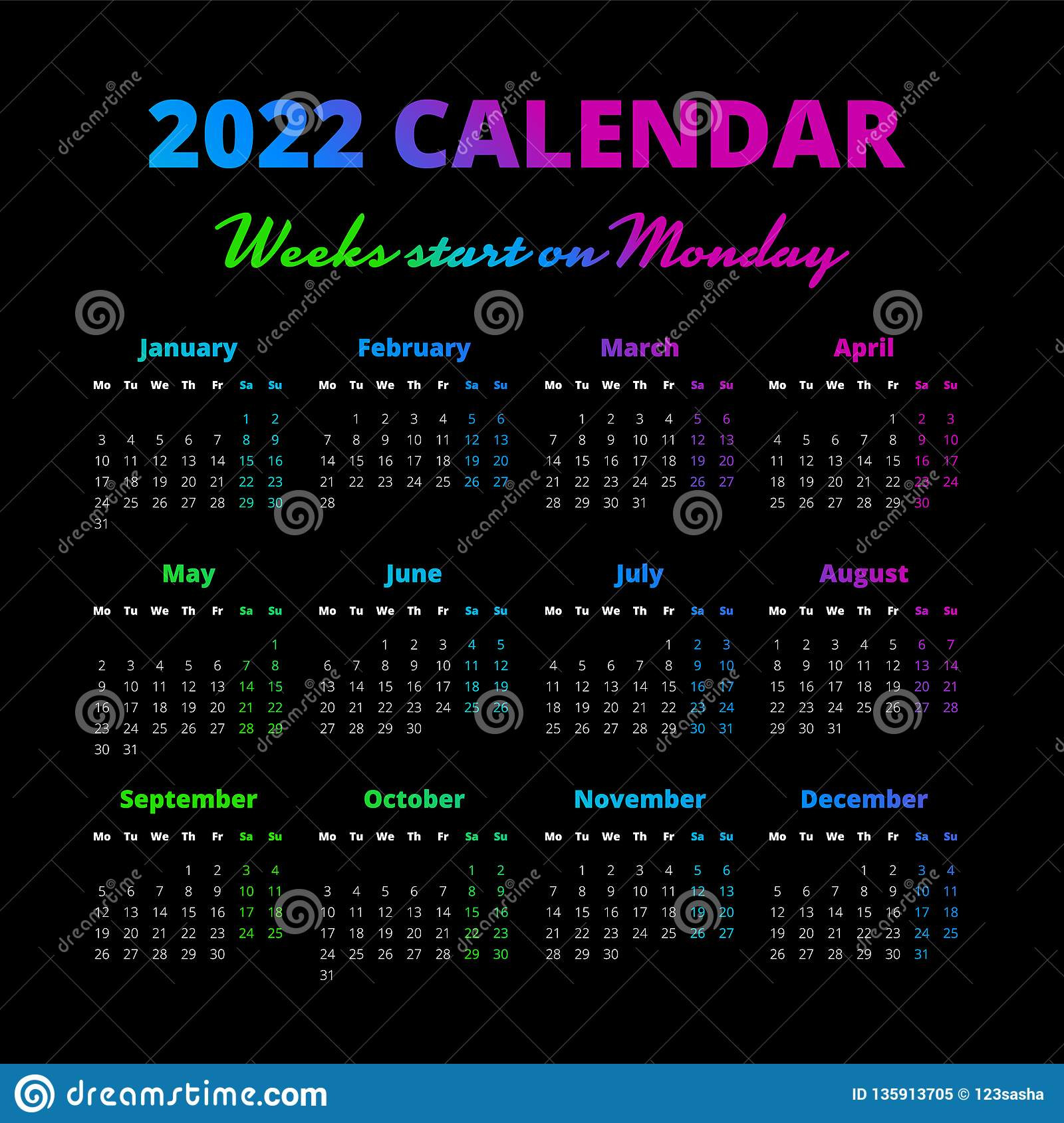 Simple 2022 Year Calendar, Weeks Start On Monday Stock  2022 Calendar Printable Monday Start