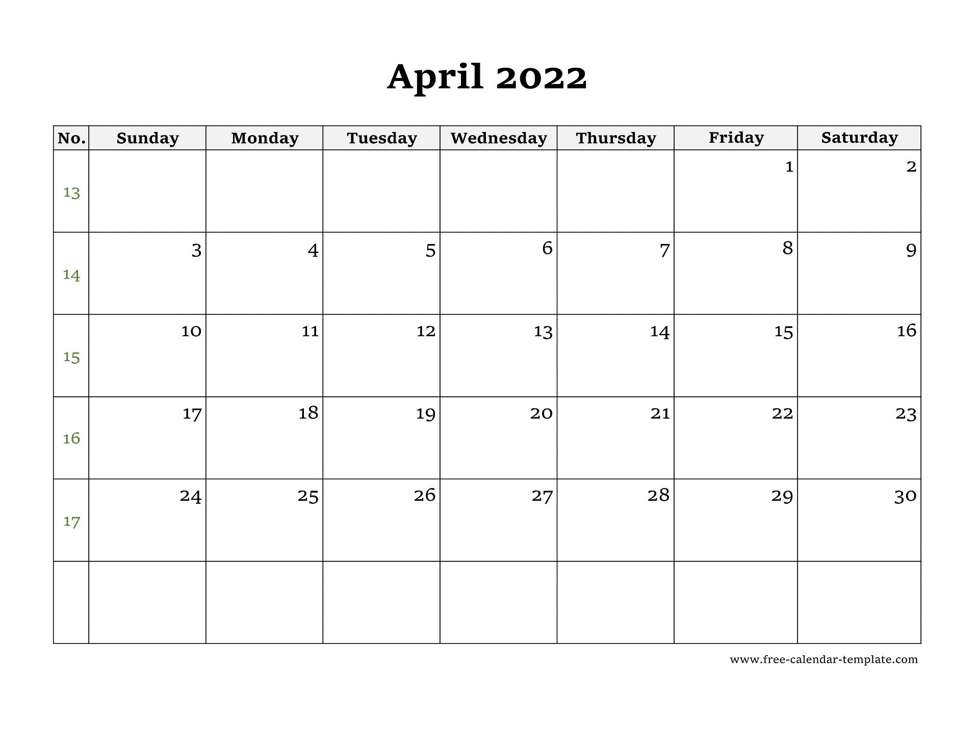 Simple April Calendar 2022 Large Box On Each Day For Notes  December 2022 To April 2022 Calendar