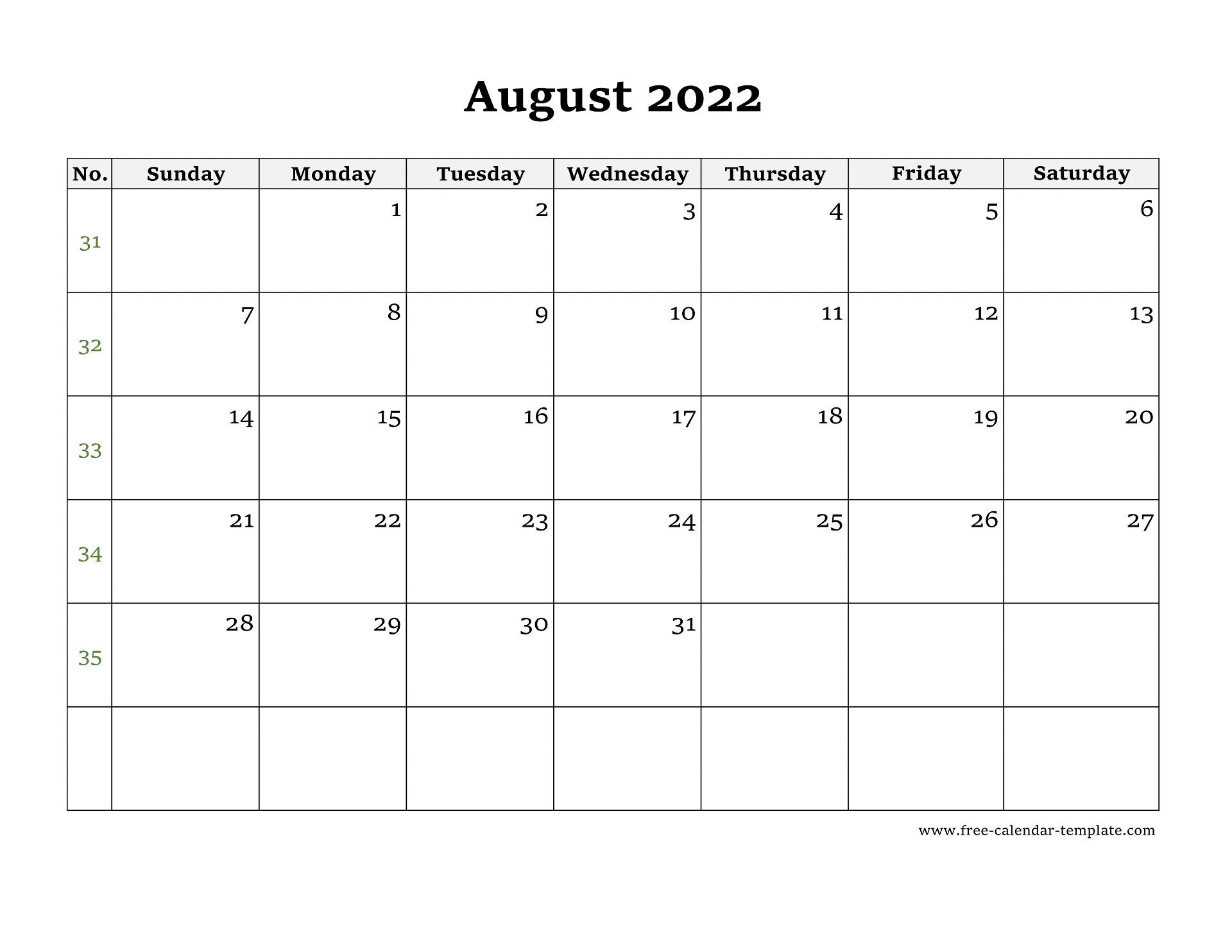 Simple August Calendar 2022 Large Box On Each Day For  Word Calendar For 2022