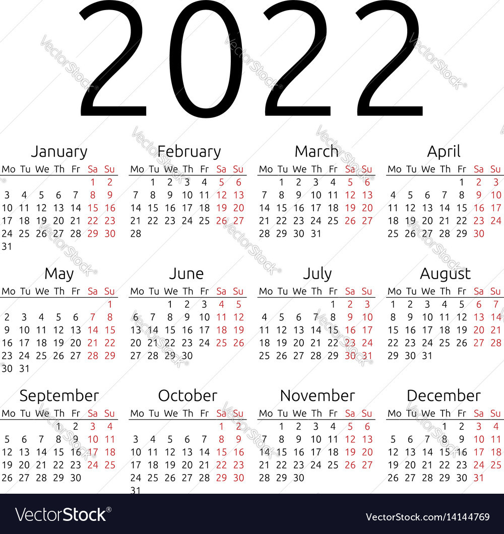 Simple Calendar 2022 Monday Royalty Free Vector Image  Free Printable Calendar Net 2022