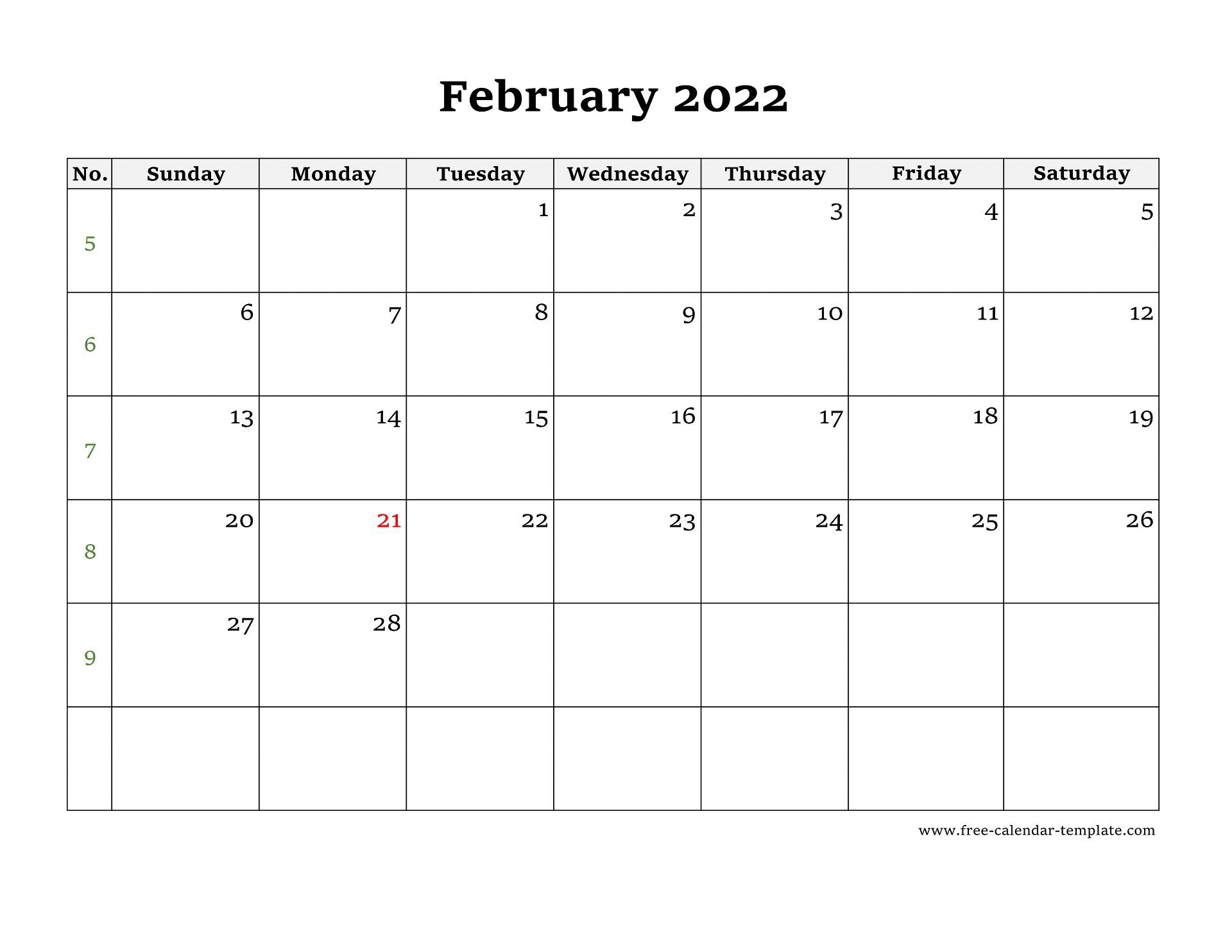Simple February Calendar 2022 Large Box On Each Day For  December 2022 January 2022 February 2022 Calendar