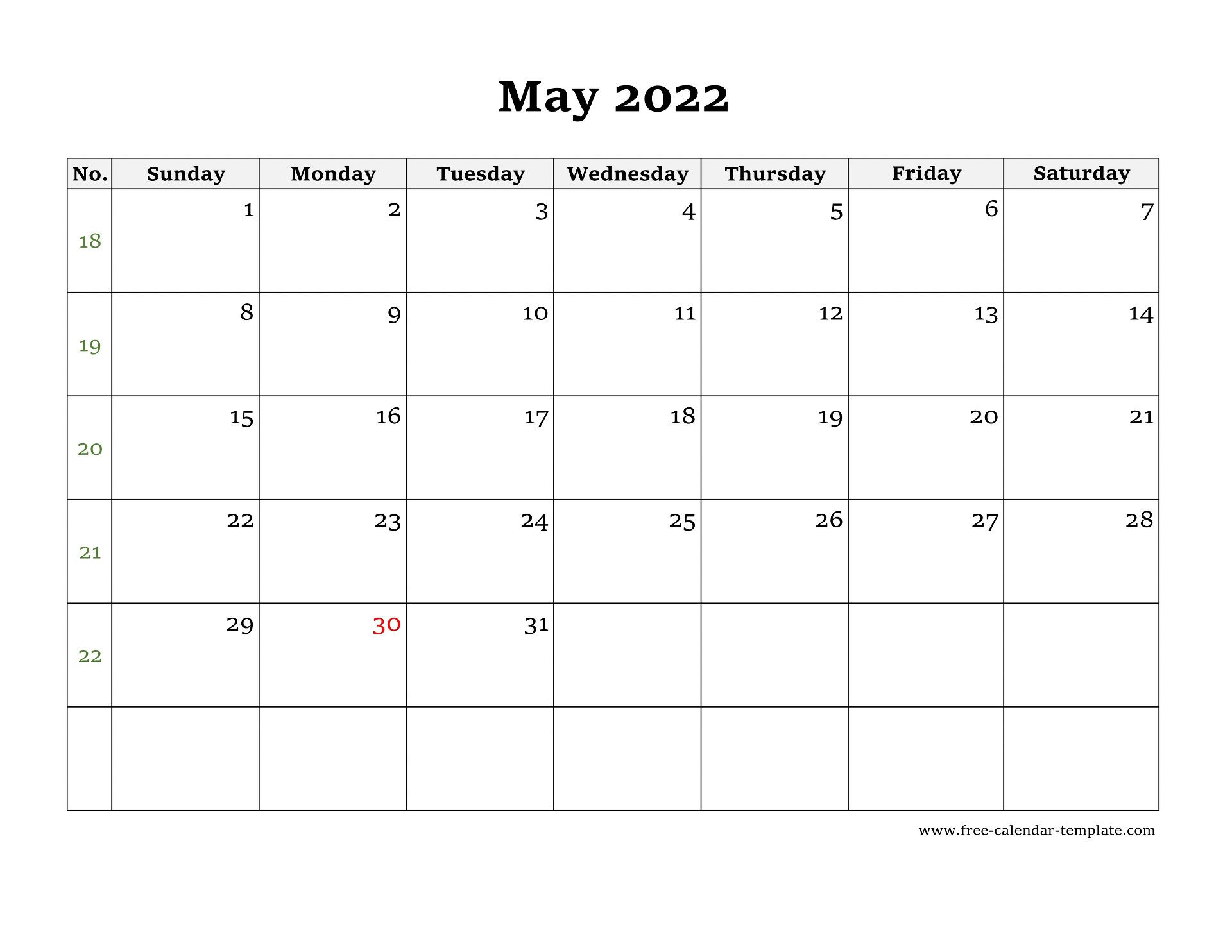 Simple May Calendar 2022 Large Box On Each Day For Notes  Calendar November 2022 To May 2022