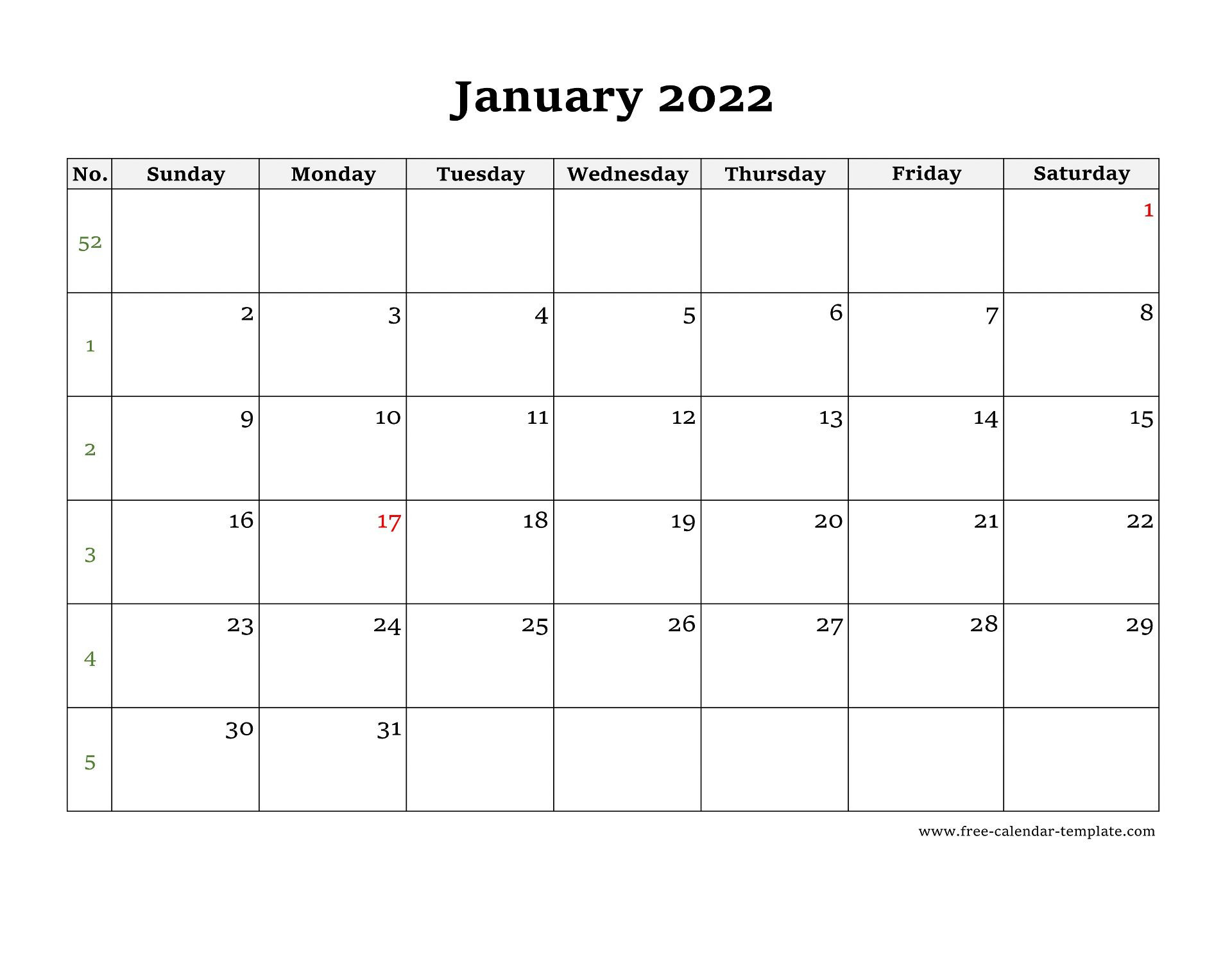 Simple Monthly Calendar 2022 Large Box On Each Day For  Free Printable Calendar 2022 With Notes