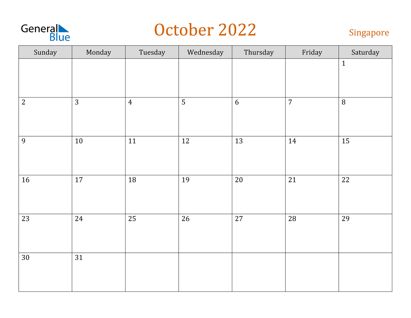 Singapore October 2022 Calendar With Holidays  October 2022 Calendar Printable