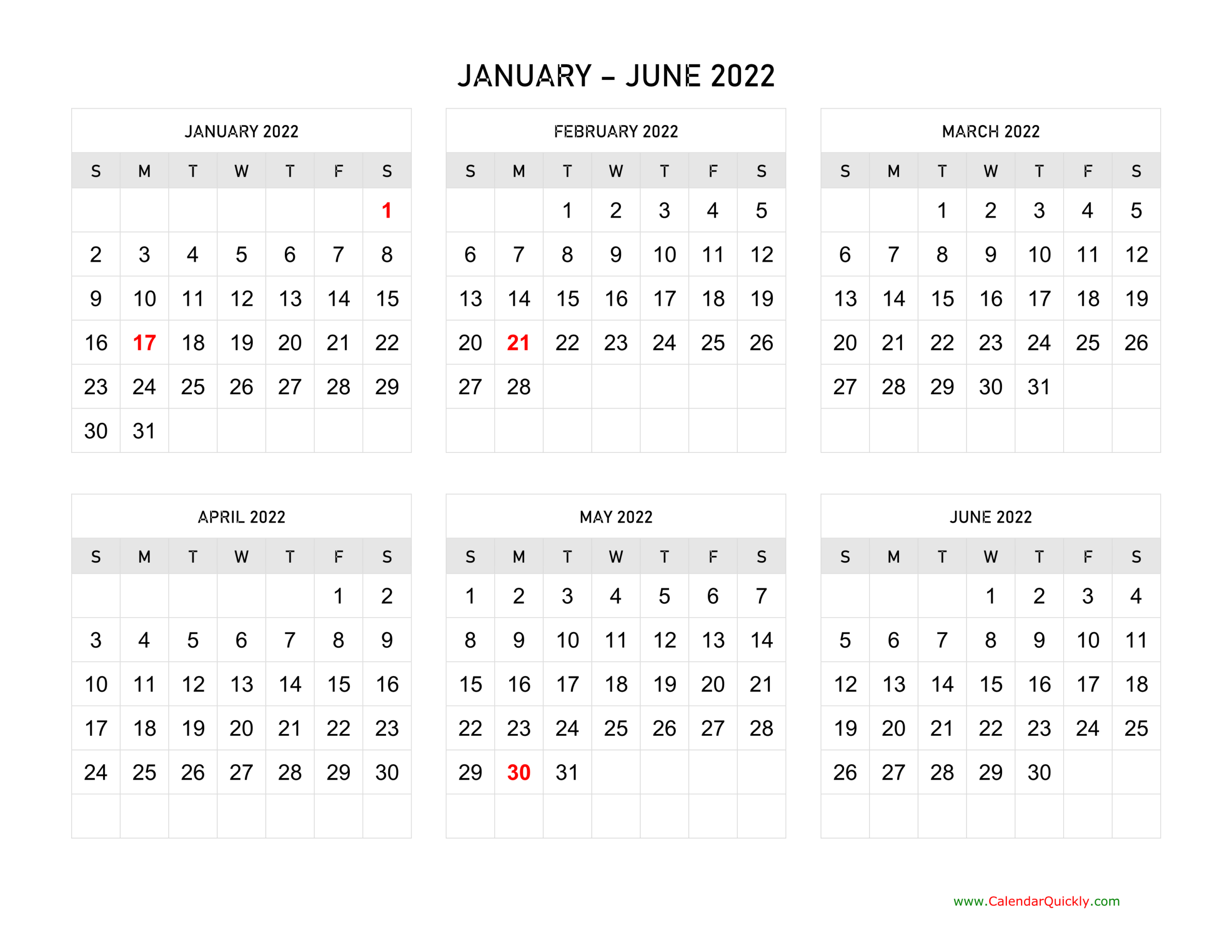 Six Months 2022 Calendar | Calendar Quickly  2022 Printable Calendar By Month