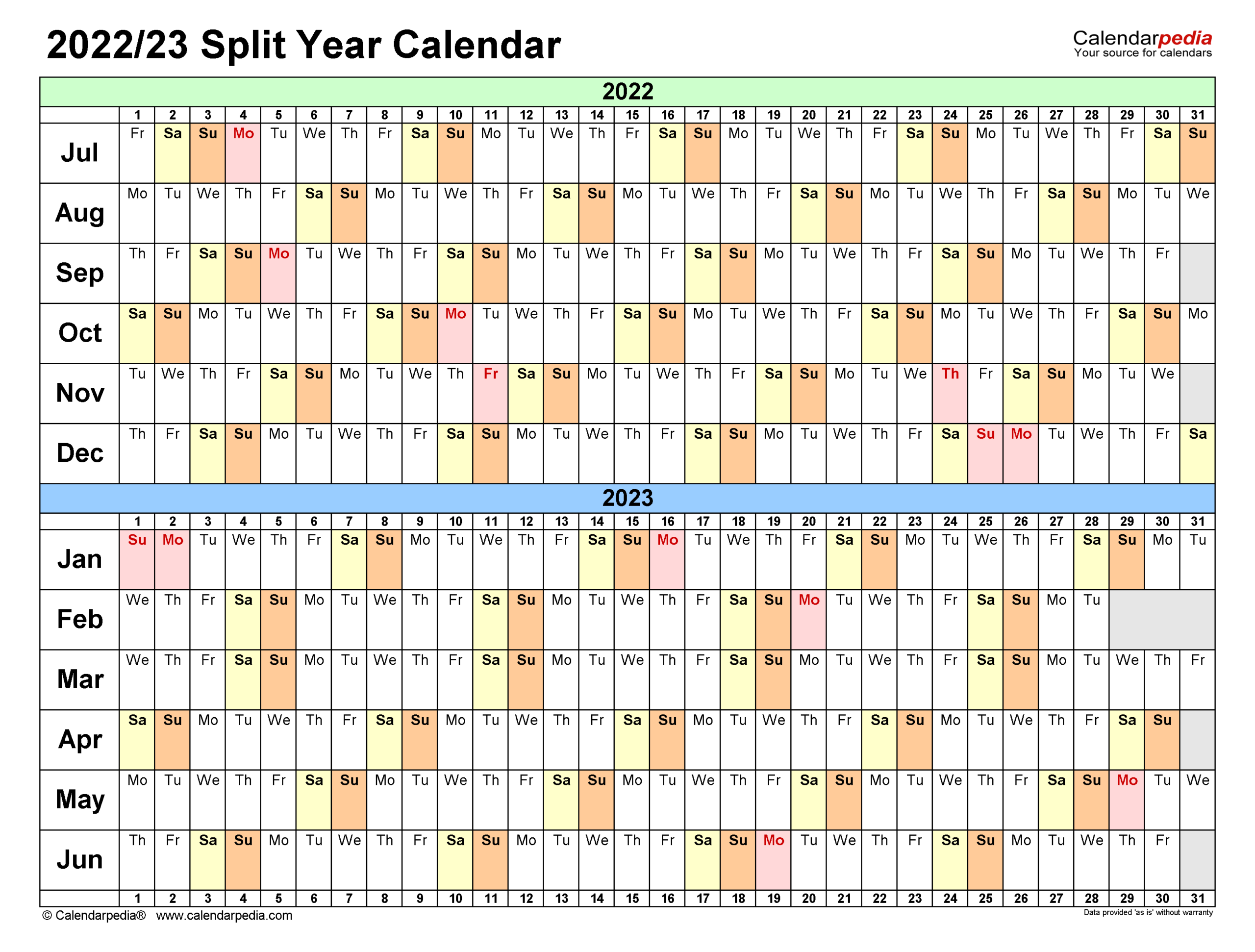 Split Year Calendars 2022/2023 (July To June) - Excel  Scps 2022 To 2022 Calendar