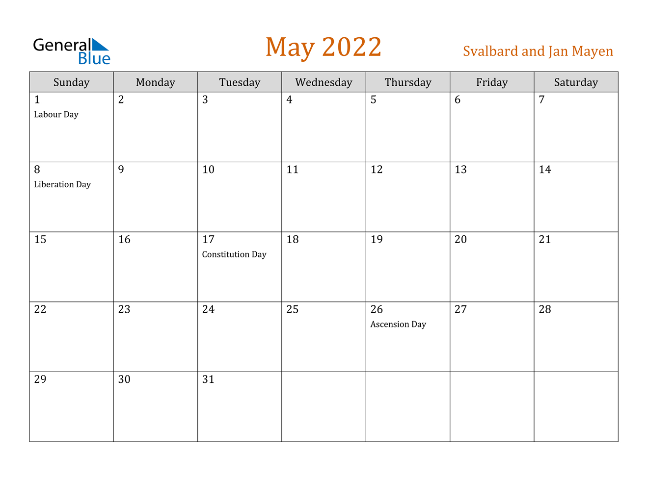 Svalbard And Jan Mayen May 2022 Calendar With Holidays  May Printable Calendar 2022