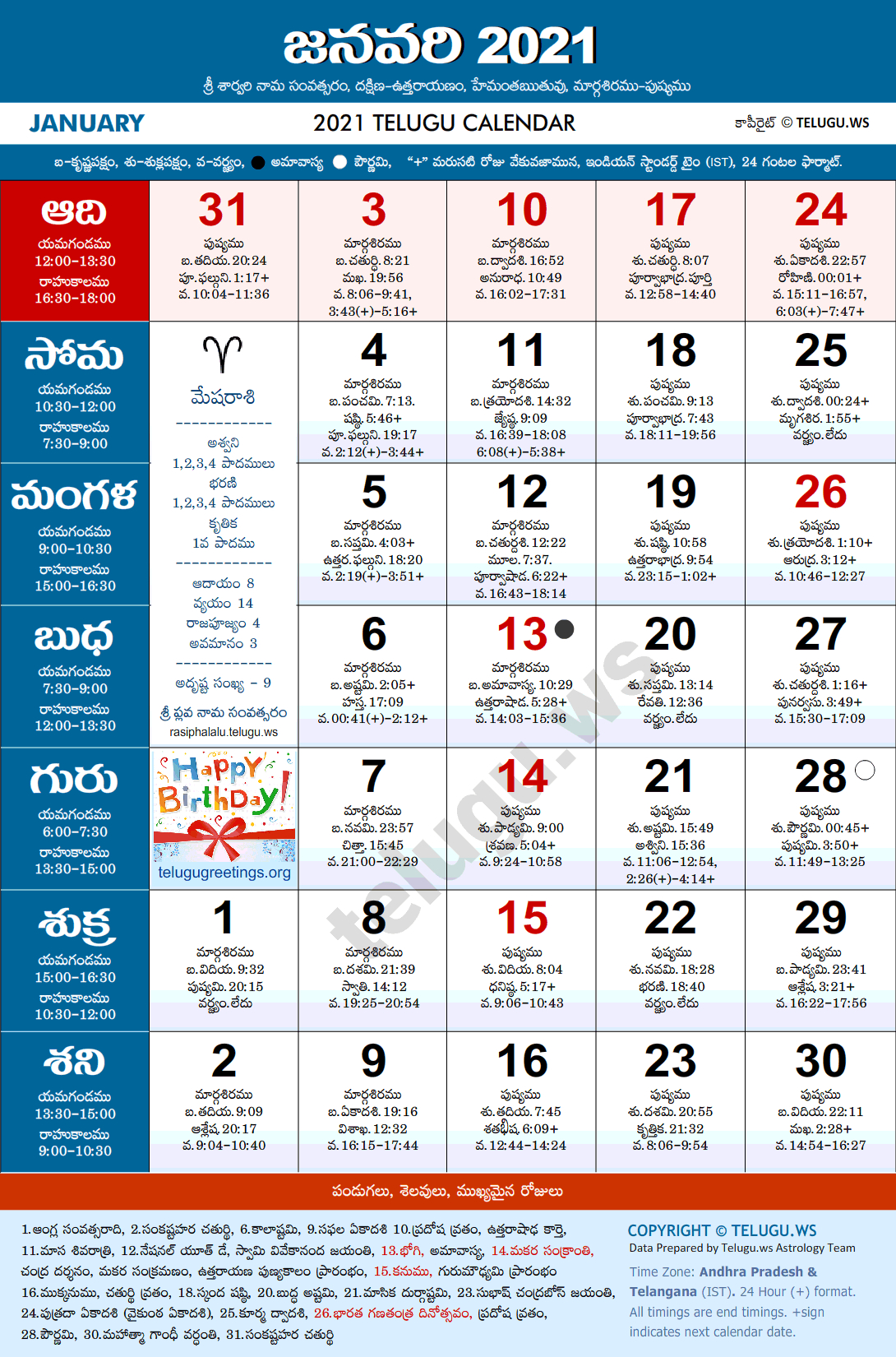 Telugu Calendar 2021 January Pdf Print With Festivals  Telugu Calendar 2022 Gantala Panchangam