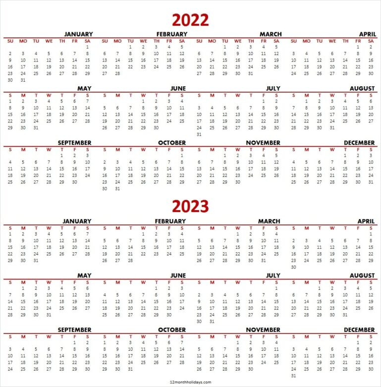 Two Year Calendar 2022-2023 Excel | Jan 2022 To Dec 2023  December 2022 And January 2023 Calendar
