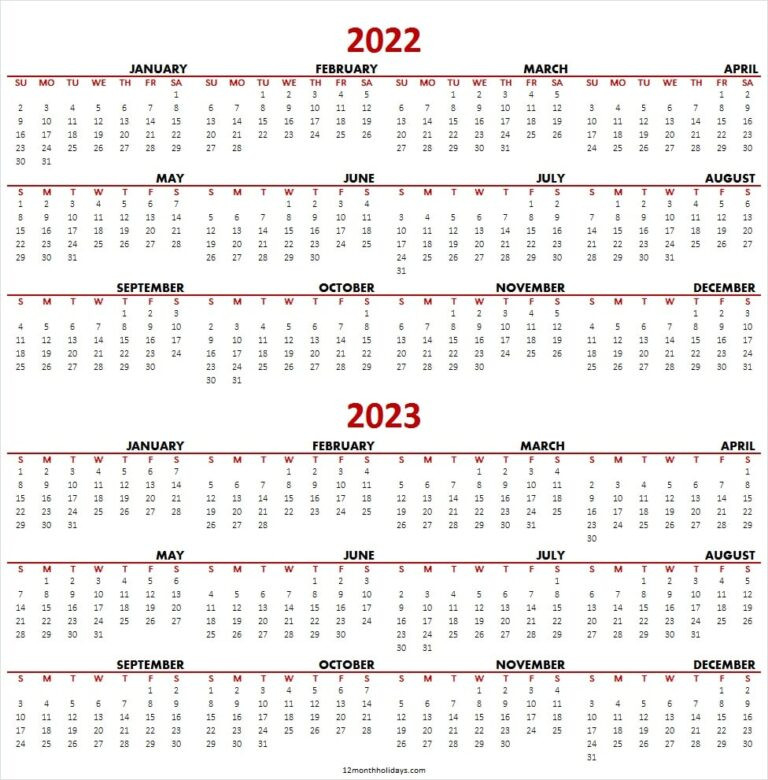 Two Year Calendar 2022-2023 Excel | Jan 2022 To Dec 2023  Free Printable 2 Year Calendar 2022 And 2022