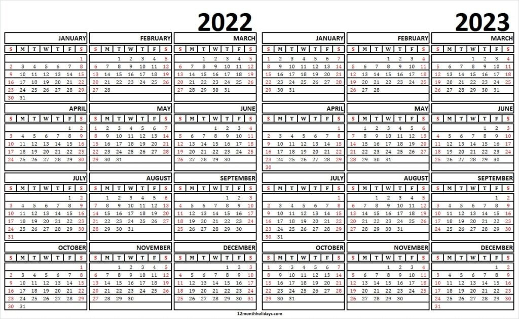 Two Year Calendar 2022 And 2023 | January 2022 To December  December 2022 And January 2023 Calendar