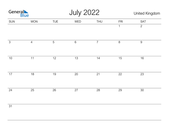 United Kingdom July 2022 Calendar With Holidays  Calendar For 2022 United Kingdom