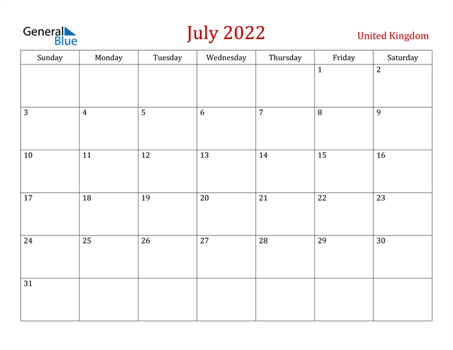 United Kingdom July 2022 Calendar With Holidays  Calendar For 2022 United Kingdom