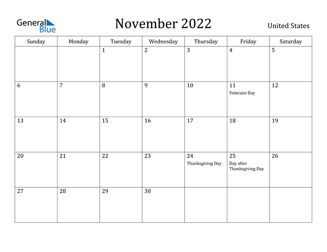 United States November 2022 Calendar With Holidays  Calendar Of November 2022