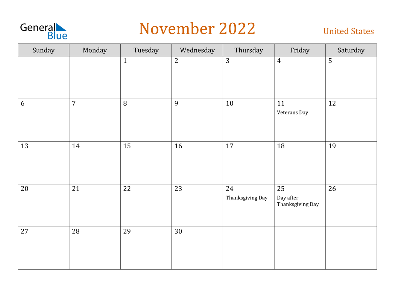 United States November 2022 Calendar With Holidays  November December January 2022 Calendar