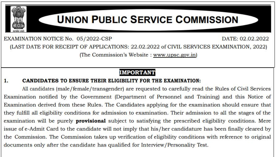 Upsc Civil Services Prelims Exam 2022: Ias Exam  Upsc Calendar For 2022
