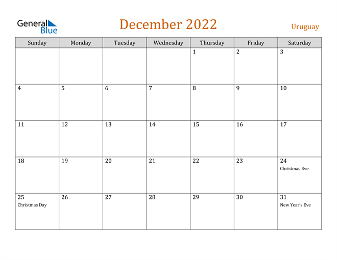 Uruguay December 2022 Calendar With Holidays  December 2022 Calendar Images