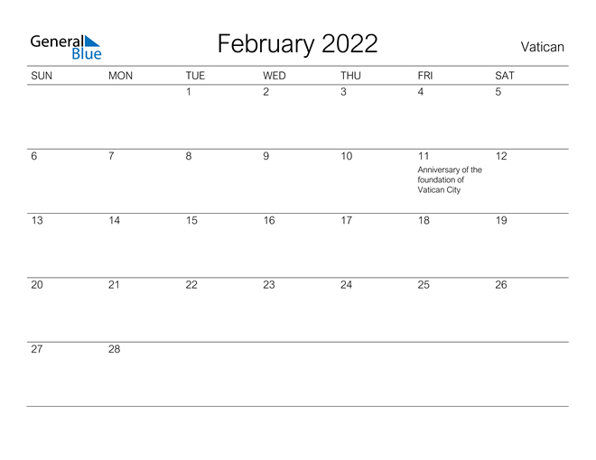 Vatican February 2022 Calendar With Holidays  December 2022 January 2022 February 2022 Calendar