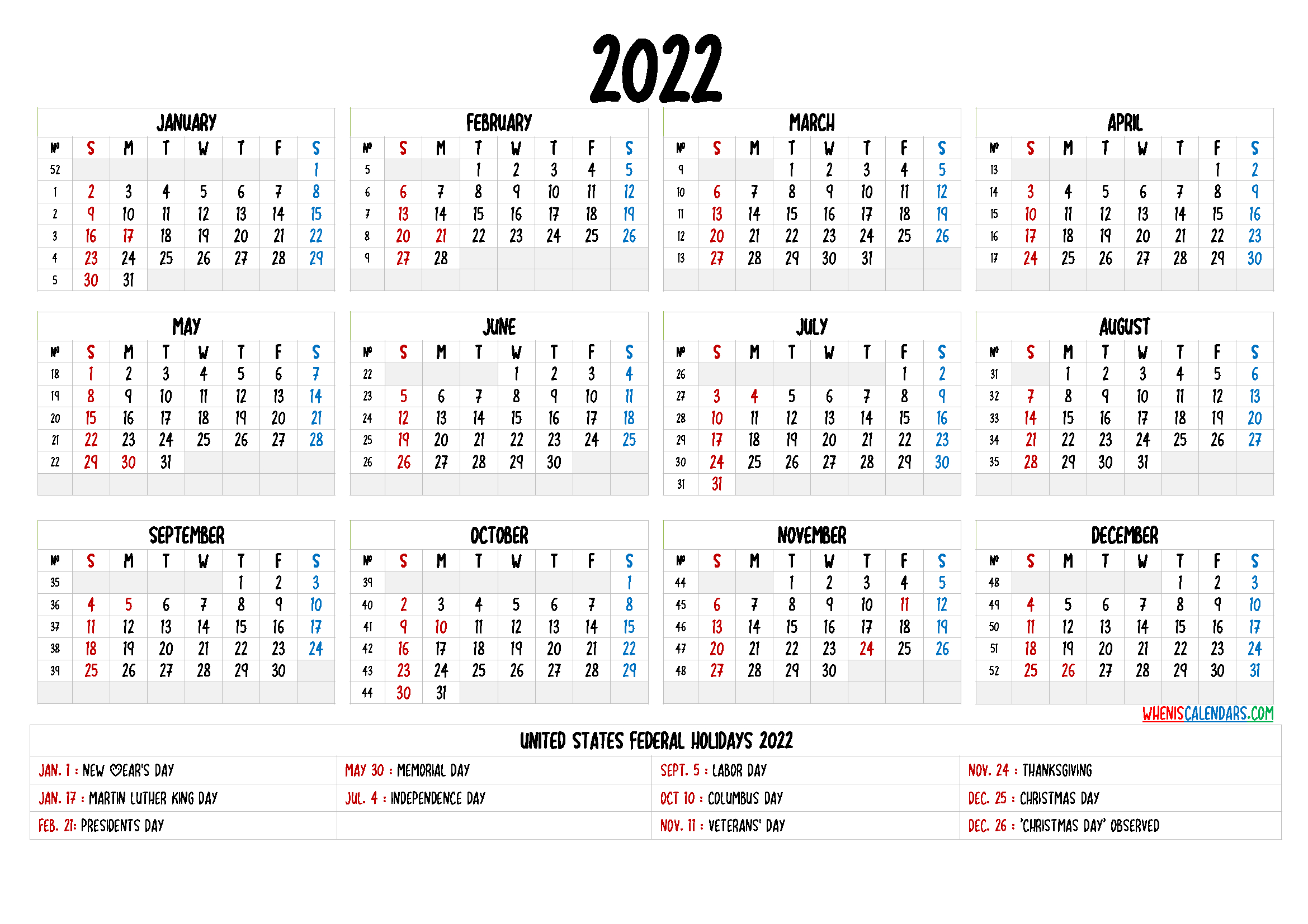 View Free Printable 2022 Yearly Calendar Printable  Printable Calendar 2022 Calendarlabs